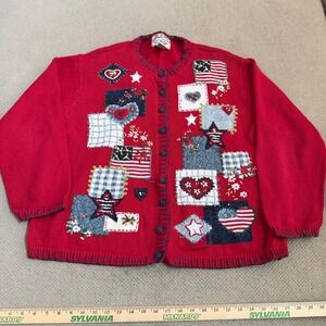 Vintage 2002‎ Heirloom Collectibles Red Americana Patchwork Cardigan Sweater XL